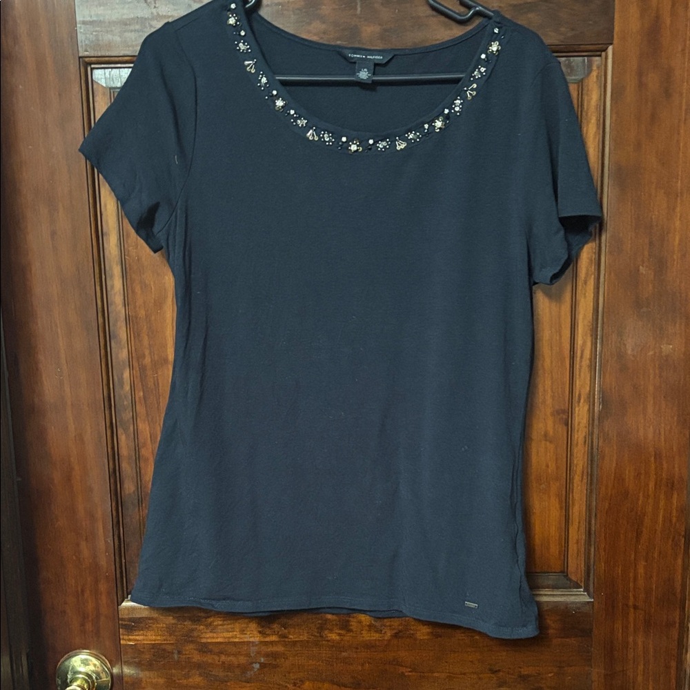 Tommy Hilfiger Black Tee with Floral Accents